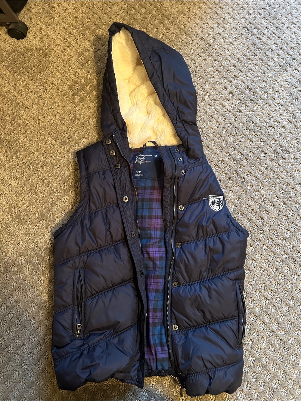 American Eagle Outfitters Navy Puffer Vest with Fur-Lined Hood